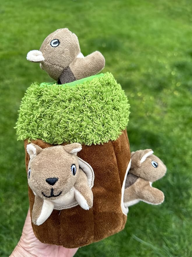 Squirrel in Tree Hide and Seek Plush Squirrel Inside Trunk Interactive Burrow Dog Toy for Small and Medium Size Dogs, Tree with Squirrels