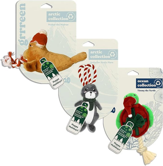 Holiday Collection Dog Toys | Small Sized Santa Walrus, Winter Hare, & Festive Turtle | Cute, Durable, & Sustainable Plush Chew Toys for Dogs | Christmas Stocking Stuffer Gift