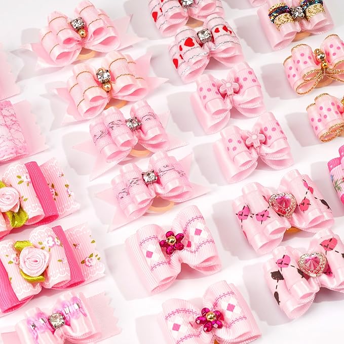 Yxiang 24PCS Dog Hair Bows, Pink Cute Dog Hair Bows Yorkie Puppy Bows with Rubber Band Pet Grooming Bows Colored Polka Dot Dog Hair Accessories for Small Dogs
