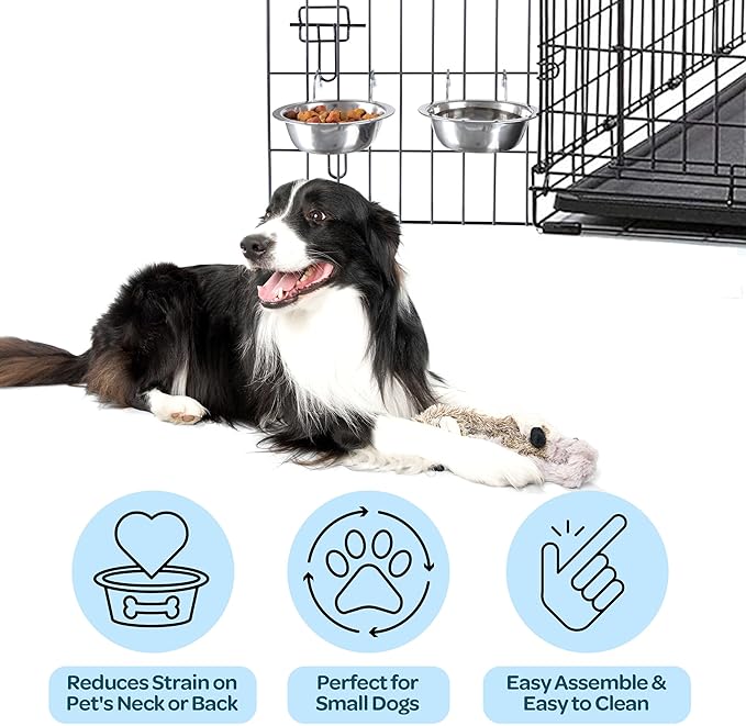 Set of 2 Stainless-Steel Dog Bowls - Cage, Kennel, and Crate Hanging Pet Bowls for Food and Water - 8oz Each and Dishwasher Safe by PETMAKER, Silver