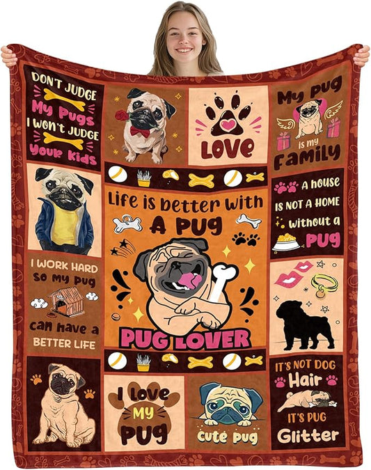 Pug Gifts for Pug Lovers Women Girl Kids, Birthday Gift Ideas for Women Men, Dog Blanket for Sofa Couch Room, Soft Animal Theme Throw Blankets 50"x 60"