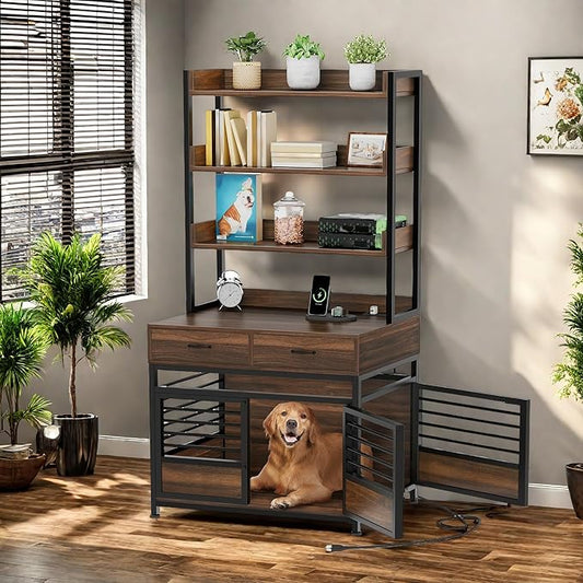 YITAHOME 39 Inch Dog Crate Furniture with Storage Shelves, Wooden Dog Crate for Large Dogs with Power Outlets, Dog Kennel Indoor Farmhouse Decorative Dog Cage with Double-Doors Drawers, Rustic Brown