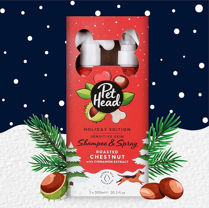 Pet Head Festive Dog Shampoo and Spray Set | Roasted Chestnut with Cinnamon Scent |Christmas Shampoo for Dogs with Sensitive Skin | Vegan | Gentle Formula for Puppies | Made in USA | 10.1 fl. oz. each