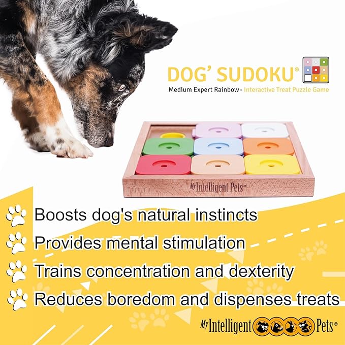 Interactive Sudoku Puzzle for Medium Dogs and Cats - Expert Brain Pet Toy - 9 Treat-Hiding Holes, Medium Wood and Plastic Design