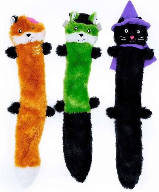 ZippyPaws Halloween Skinny Peltz Plush Dog Toys, Chew Toy with No Stuffing and Sqeaker for Small and Medium Dogs, 20 Inch 3-Pack, Zombie Fox, Witch Cat, and Franstein’s Monster Squirrel