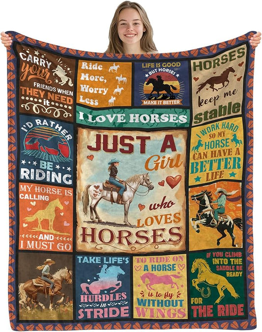 Horse Gifts for Women, Horse Blanket for Girls, Cool Birthday Gifts for Horses Lovers, Just A Girl Who Loves Horses Throw Blanket 60" x 50" for Sofa Couch Room
