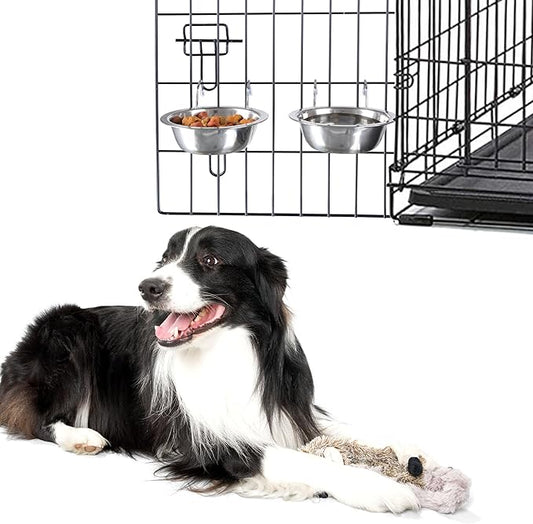 Set of 2 Stainless-Steel Dog Bowls - Cage, Kennel, and Crate Hanging Pet Bowls for Food and Water - 8oz Each and Dishwasher Safe by PETMAKER, Silver