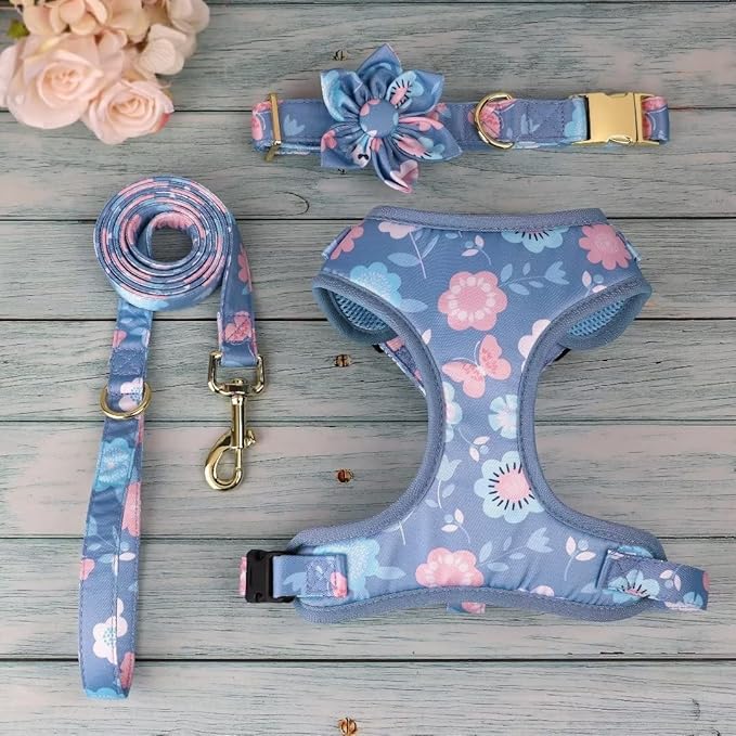 Beirui Cute Girl Dog Collars, Harnesses & Leashes Set - Adjustable Dog Collar and Leash Set with Flower - Soft Mesh Dog Vest Harness for Puppies Small Medium Dogs (Purple,XS)