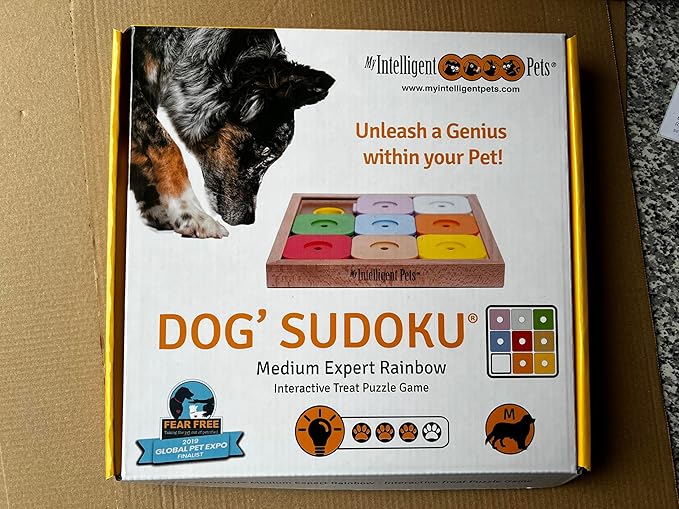 Interactive Sudoku Puzzle for Medium Dogs and Cats - Expert Brain Pet Toy - 9 Treat-Hiding Holes, Medium Wood and Plastic Design