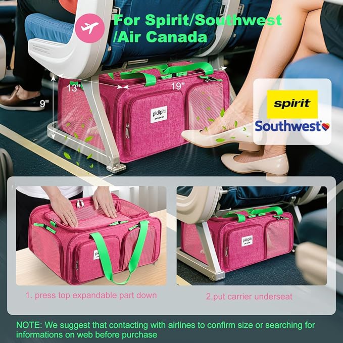 19x13x9 TSA Approved top Expandable pet Carrier for Small Dog Puppy cat up to 12 lbs Weight and 18'' Length, for Southwest Spirit Canada Airlines(Pink)