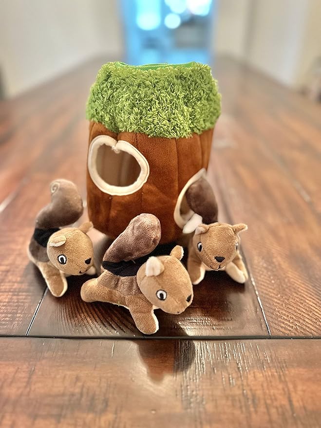 Squirrel in Tree Hide and Seek Plush Squirrel Inside Trunk Interactive Burrow Dog Toy for Small and Medium Size Dogs, Tree with Squirrels