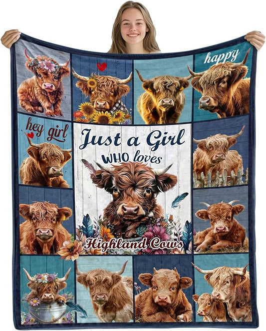 Highland Cow Blanket, Just A Girl Who Love Highland Cow Gifts Blanket for Women, Cute Throw Blanket for Girl Kids on Sofa Couch Bed Room 50"x 60"