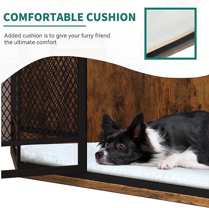 YITAHOME 52" Corner Dog Crate Furniture, Wooden Dog Kennel with Dog Cushion, Dog Kennel Corner Wooden End Table for Small Medium Large Dogs, Brown