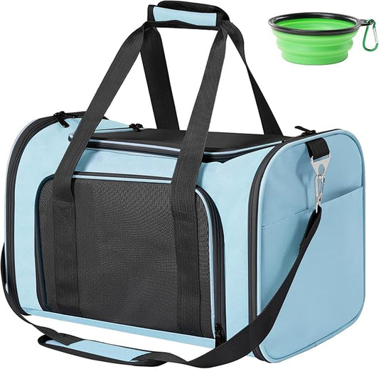 Travel in Style: Portable Pet Carrier for Small Pets up to 15 Lbs- Airline Approved, Collapsible & Comfortable cat/Puppy Soft Sided Bag (Blue)