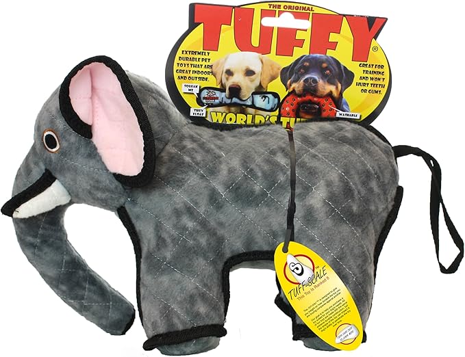 TUFFY - World's Tuffest Soft Dog Toy- Zoo Elephant -Multiple Layers. Made Durable, Strong & Tough. Interactive Play (Tug, Toss & Fetch). Machine Washable & Floats. (Regular)