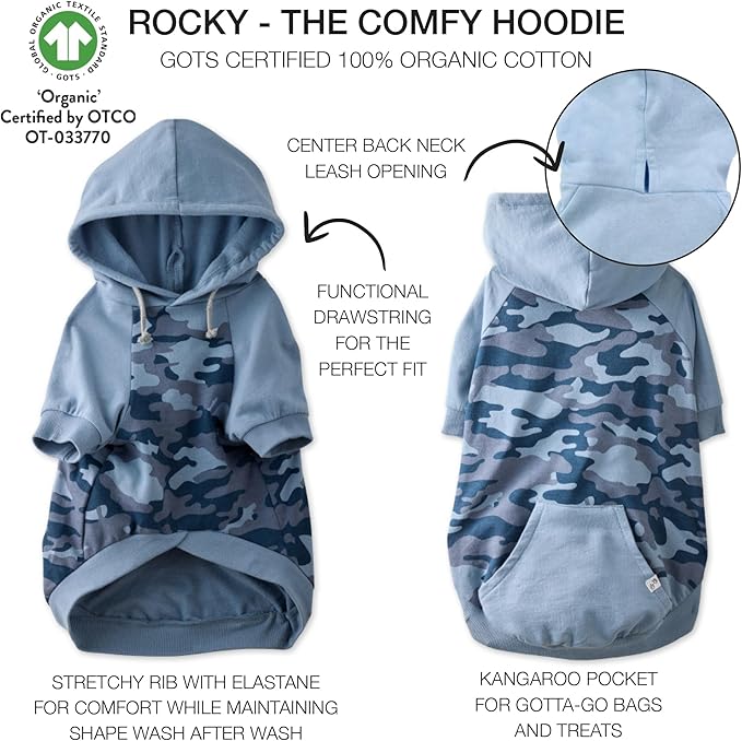 100% Organic Cotton Rocky - The Comfy Dog Hoodie Pet Coat for Small, Medium and Large Dogs, Navy Half Camo, X-Small