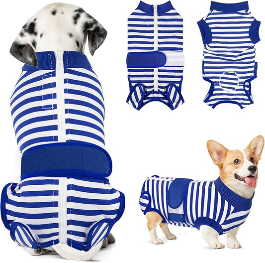 Lukovee Recovery Suit for Dogs, Zipper On Recovery Suit for Female Male Dog, Onesie Abdominal Wounds Cone E-Collar Alternative Prevent Licking Spay Recovery Suit (Medium, Blue & White)