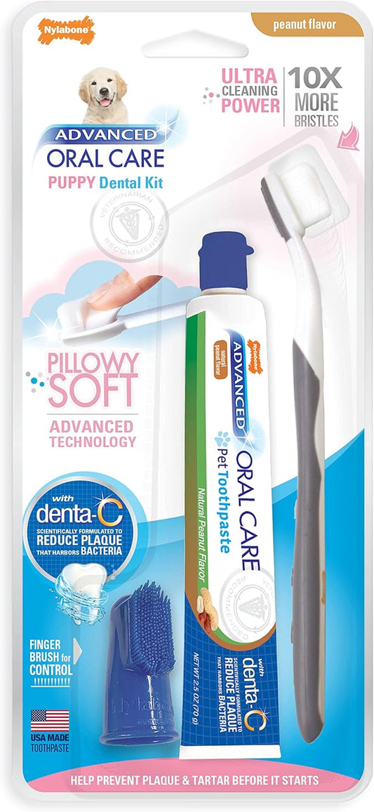 Nylabone Advanced Oral Care Puppy Dental Kit with Pillowy Soft-Bristle Toothbrush Peanut Butter (3 Count)