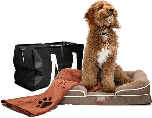 -kit Orthopedic Dog Bed with Blanket - Waterproof - Washable Cover and Memory Foam Dog Bed Cama para Perros Small Size Brown.