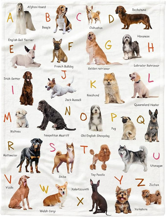 Dog Alphabet Print Blanket, Personalized Dachshund Blanket, Dog Gift for Dog Lovers Mom Dad Cute Dog Paw Prints Soft Flannel Throw Blanket for Bed Sofa Travel Large 80"x60" for Adults