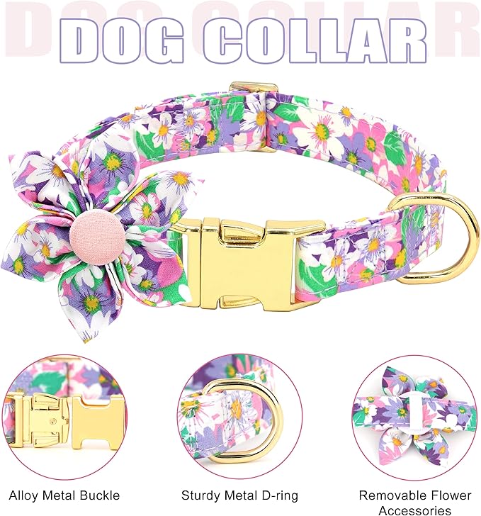 Beirui Cute Girl Dog Collars, Harnesses & Leashes Set - Adjustable Dog Collar and Leash Set with Flower - Soft Mesh Dog Vest Harness for Puppies Small Medium Dogs (Purple,M)