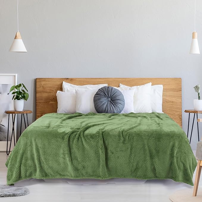 uxcell Flannel Fleece Bed Blankets, Soft Warm Microfiber Blanket, Mesh Fuzzy Plush 330GSM Lightweight Decorative Solid Blankets for Bed Full (70"x78") Army Green