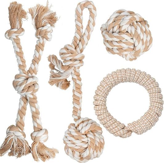 PetiFine Dog Rope Toys for Large Medium Dogs, 4 Pack Tough Chew Toys for Aggressive Chewers, Interactive Rope Ball Natural Cotton, Dog Tug of War Toy for Teeth Cleaning