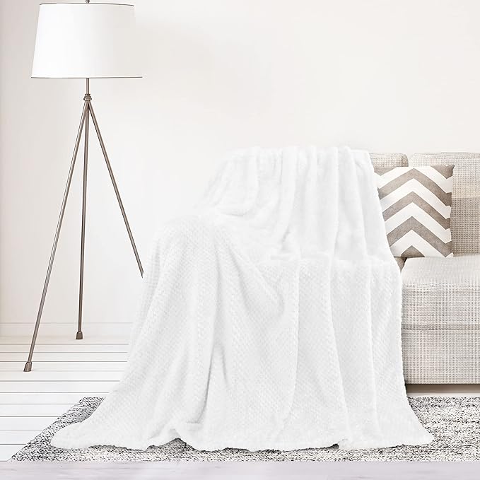 uxcell Flannel Fleece Blanket Bed Throw Blanket, Microfiber Warm Soft Blanket, Mesh Fuzzy Plush 330GSM Decorative Lightweight Blanket 50"x60", White Blankets for Bed