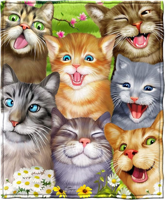 Dawhud Direct Cartoon Selfie Cat Fleece Blanket for Bed 75" x 90" Queen Size Kitten Fleece Throw Blanket for Women, Men and Kids Super Soft Plush Cat Blanket Throw Winter