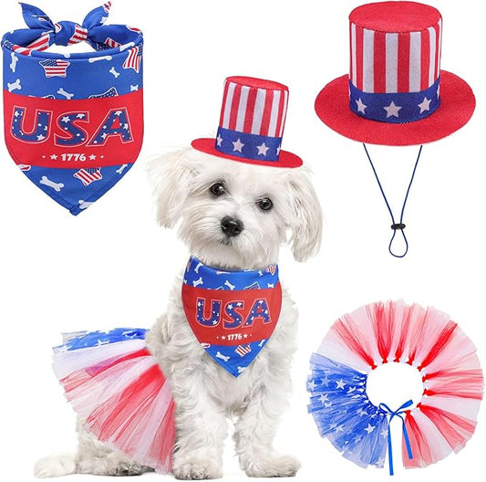 SCENEREAL Independence Day Dog Bandana with Hat and Dress Girl Set, Puppy Birthday Party Supplies, Cute Tutu Skirt Blue Outfit for Small Medium Dogs