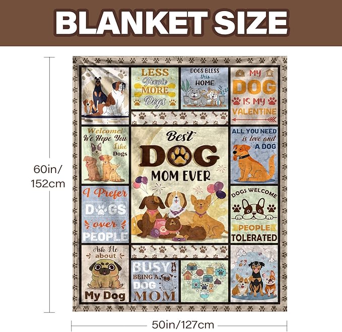 Dog Mom Gifts for Women, Dog Mom Blanket 50"X60", Gifts for Dogs Lovers, Best Dogs Mom Ever Throw Blanket