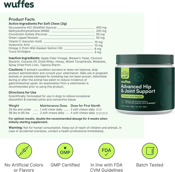 Wuffes Advanced Dog Hip and Joint Supplement with Glucosamine, Chondroitin, Omega 3, MSM, and Green Lipped Mussel, 60 Pork Flavored Chews for Small and Medium Dog Breeds