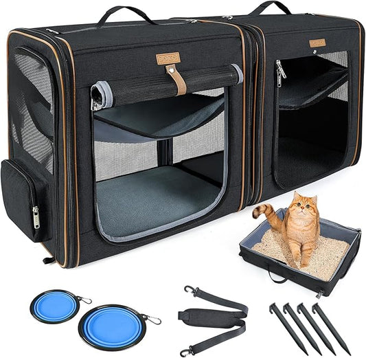 Lekereise 2-in-1 Large Cat Carrier for 2 Cats up to 45 Lbs, (20.85"*2)*19.7"*19.7" Car Travel Carrier with Litter Box, Bowl, and Locking Zipper - Black