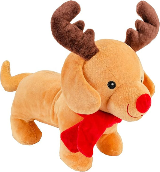 Giftable World Holiday Plush Pet Toy Fun for Christmas Designs with Squeaker Dog Chew Toy (12" Dachshund w/Antlers, Scarf and Honker)
