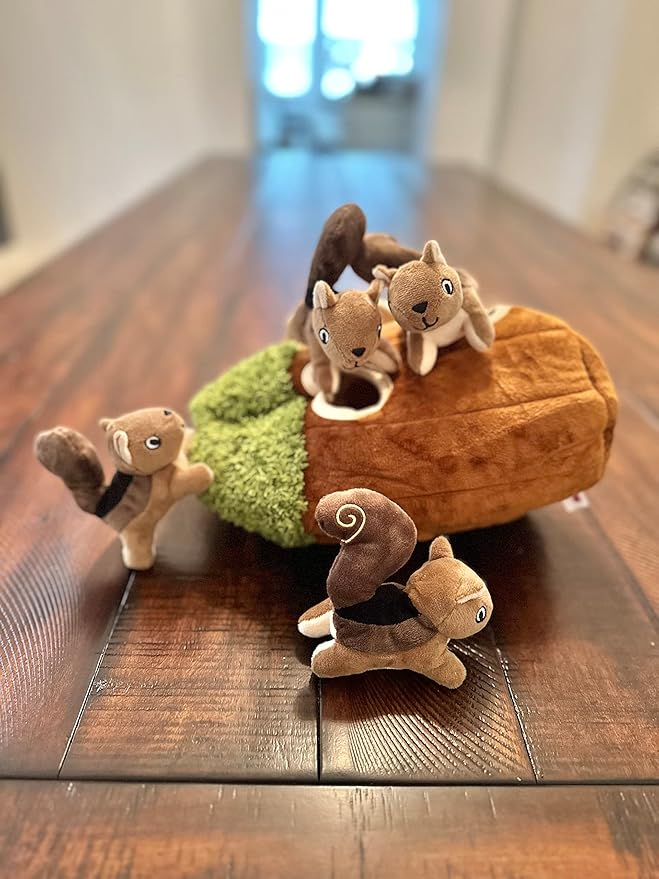 Squirrel in Tree Hide and Seek Plush Squirrel Inside Trunk Interactive Burrow Dog Toy for Small and Medium Size Dogs, Tree with Squirrels