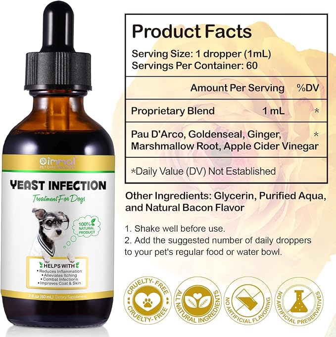 Yeast Infection Treatment for Dogs, Naturally Supports Dog Healthy Itch Relief, Ear Infection Treatment, Dogs Allergy Relief, Inflammation Relief & More, 60ml