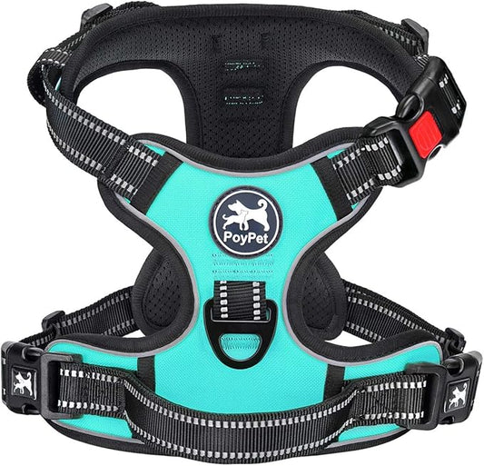 PoyPet No Pull Dog Harness, No Choke Front Lead Dog Reflective Harness, Adjustable Soft Padded Pet Vest with Easy Control Handle for Small to Large Dogs(Mint Blue,S)