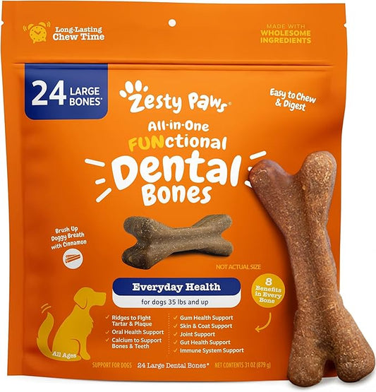 Zesty Paws Dental Bones - Fights Tartar & Plaque - Gum, Teeth & Bone Health - Cinnamon for Dog Breath - Immune, Joint, Gut, Skin & Coat Support - Omega 3 EPA & DHA and Calcium - Large Dogs - 24 ct…