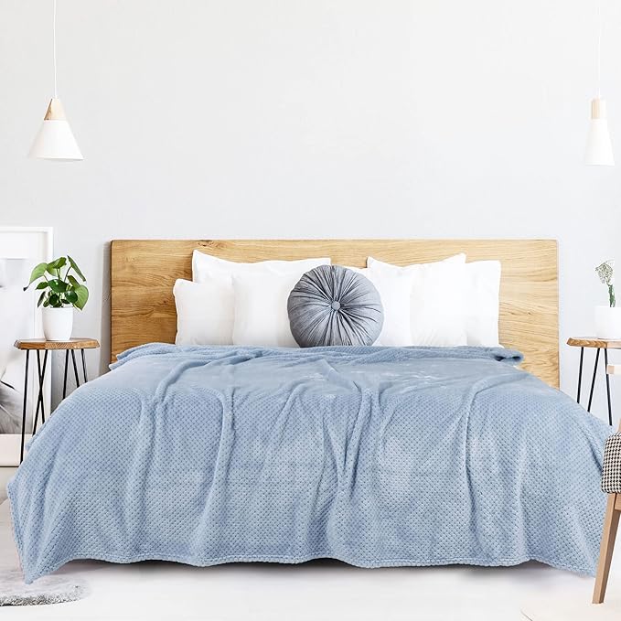 uxcell Flannel Fleece Bed Blankets, Soft Warm Microfiber Blanket, Mesh Fuzzy Plush 330GSM Lightweight Decorative Solid Blankets for Bed Queen (78"x90") Smoked Blue