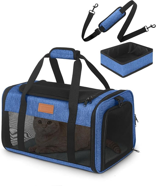 PETUX TSA Approved Pet Carrier in Cabin, 17"x11"x9.5" Soft Cat Carriers for Small Cats and Dogs Up to 15 LB, Top-Open Portable Pet Carrier Airline Approved with Litter Box and Anti-Scratch Mesh, Blue