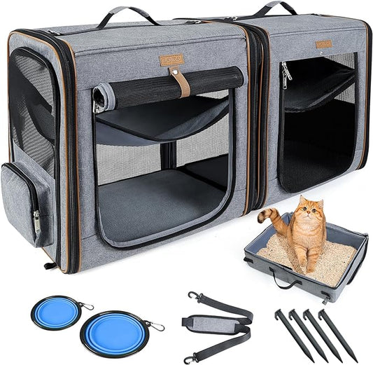 Lekereise 2-in-1 Large Cat Carrier for 2 Cats up to 45 Lbs, (20.85"*2)*19.7"*19.7" Car Travel Carrier with Litter Box, Bowl, and Locking Zipper - Grey