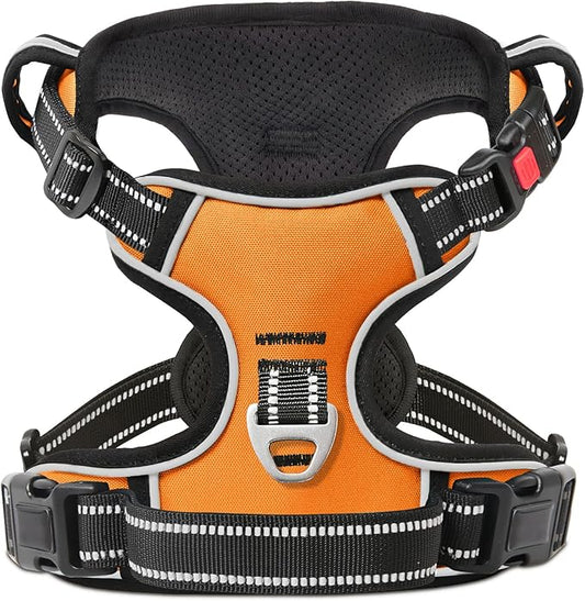 Timos Dog Harness Medium Sized, No Pull with Neck Lockable Snap,No Choke Front Clip Dog Reflective Harness,Adjustable Metal Rings 3 Buckles,Easy Control Handle for Medium Dogs Orange M