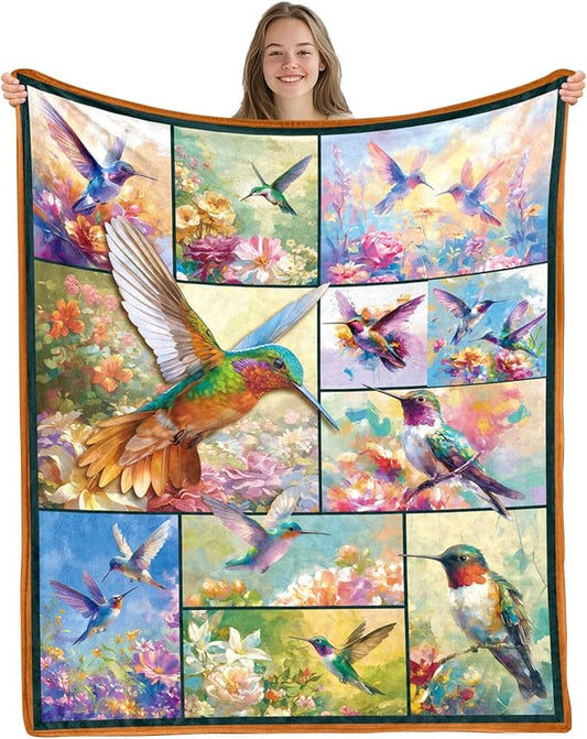 Hummingbird Gifts for Bird Lovers, Ideal Hummingbird Blanket Gifts for Women, Friends, Mom, Daughter, Hummingbird Gifts for Women, Bird Flower Blanket for Couch Bed Outdoor, 50"x60"