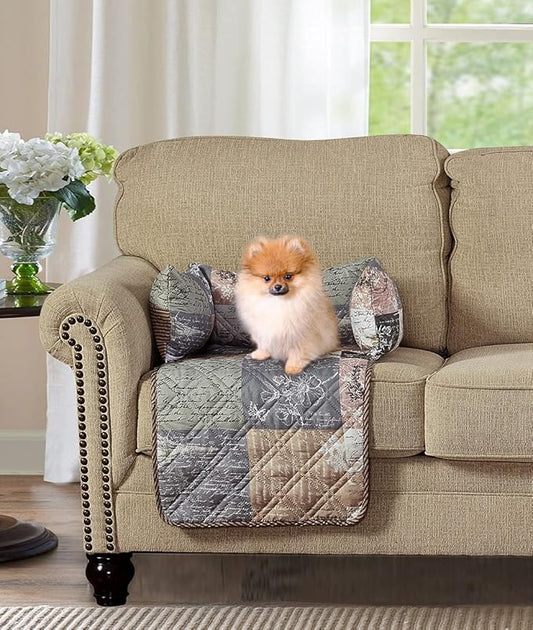 Brilliant Sunshine Quilted Calming Dog Bed Mat, Removable Washable Cover, Cushion Protector and Couch Covers for Dogs, Pets, Cats, Small, Latte Grey Paris and Toile Floral Patchwork