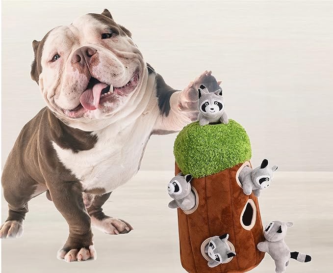 Dog Puzzle Plush Toy Tree with Squeaky Raccoons, Interactive Hide and Seek Fun, Promotes Mental Stimulation, Large Size, Brown/Gray Plush, 5-Pack (Raccoon in Tree, Large)