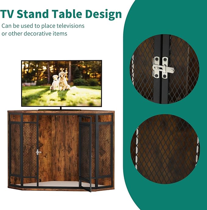 YITAHOME 52" Corner Dog Crate Furniture, Wooden Dog Kennel with Dog Cushion, Dog Kennel Corner Wooden End Table for Small Medium Large Dogs, Brown