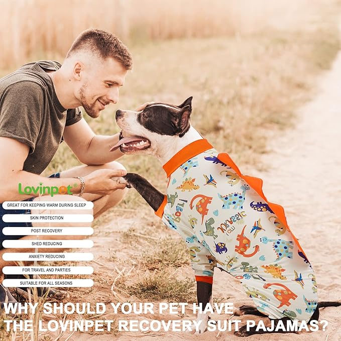 LovinPet Large Dog Pajamas, Anti Licking, Recovery Suit, Lightweight Jurassic Knit, UV for Large Dogs/L