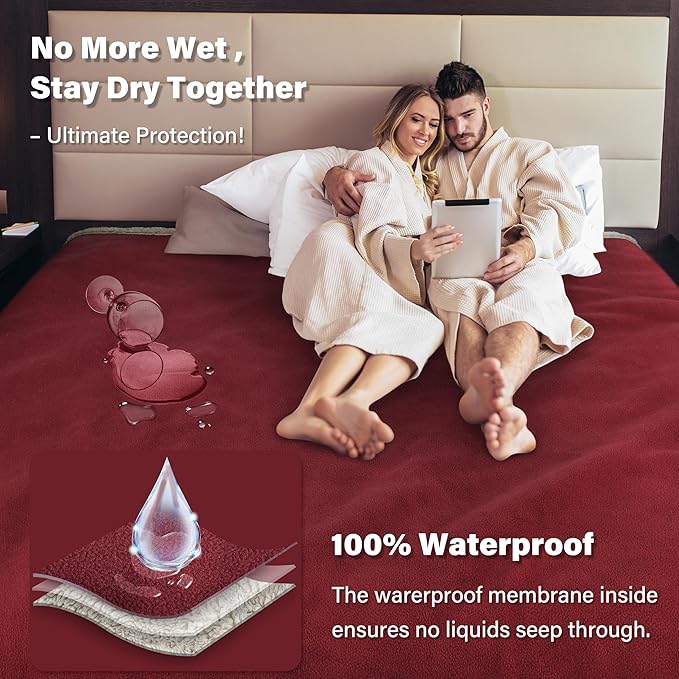 Catalonia Waterproof Bed Blanket for Intimacy, Love Couples Leakproof Bed Cover, Reversible Protector Squirt Blanket, Splash Stain Proof Blanket Pad for Adults, Washable, 80X90 inches, Wine