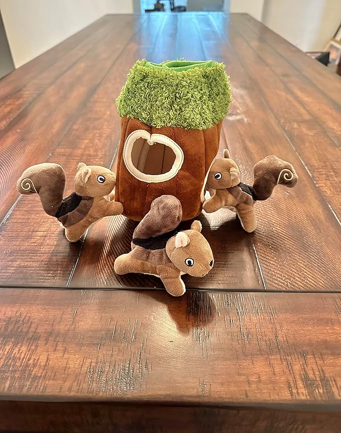 Squirrel in Tree Hide and Seek Plush Squirrel Inside Trunk Interactive Burrow Dog Toy for Small and Medium Size Dogs, Tree with Squirrels