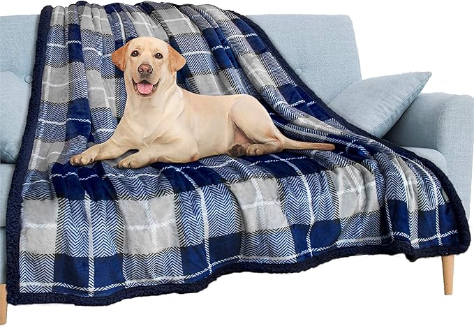 PAVILIA Waterproof Blanket for Couch, Sofa | Pet Protector for Large Dog, Puppy, Cat | Plush Soft Warm Fuzzy Sherpa Throw | Plaid Navy, 60x80